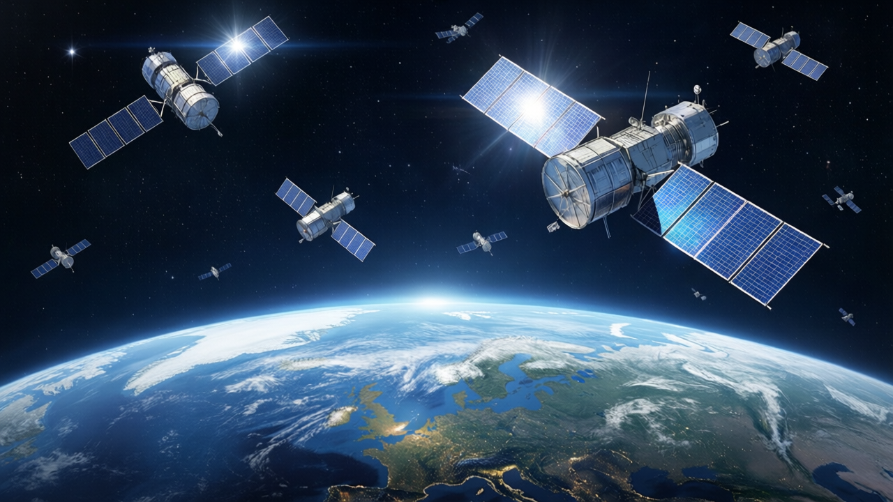 Artist's impression of data centre satellites orbiting Earth with solar panels