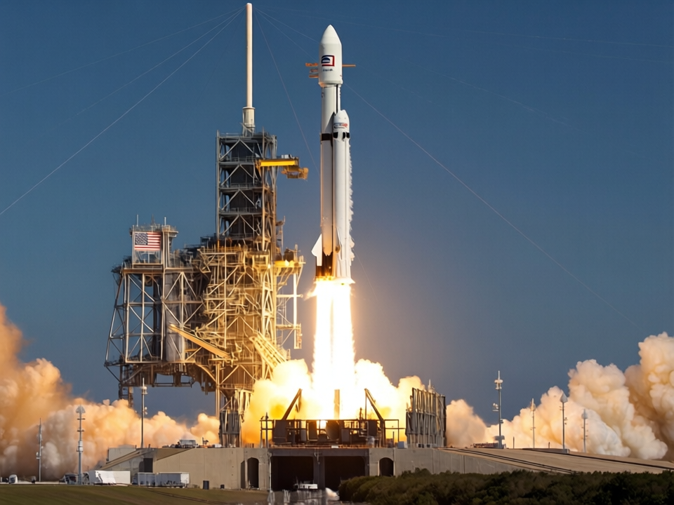SpaceX Starship rocket launching with dramatic plume, representing the engineering challenge of orbital infrastructure