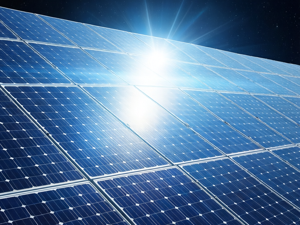 Solar panels in space bathed in uninterrupted sunlight, representing the free solar power proposition
