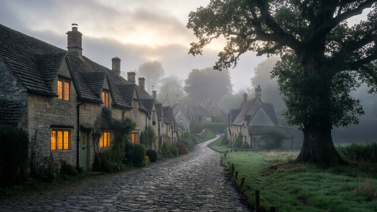 Misty English village at dawn, stone cottages with warm glowing windows along a winding cobblestone lane disappearing into fog