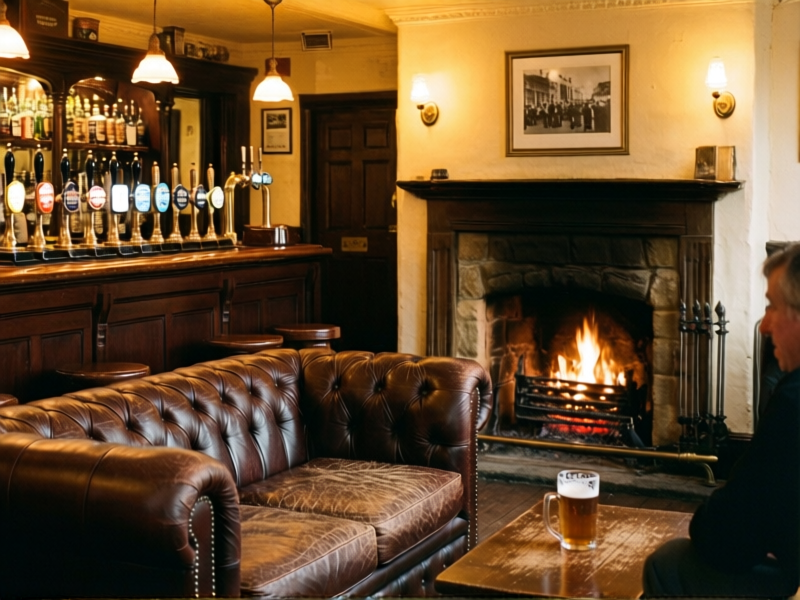 Traditional British pub interior with worn leather Chesterfield sofas, polished dark wood bar, stone fireplace, and warm amber lighting