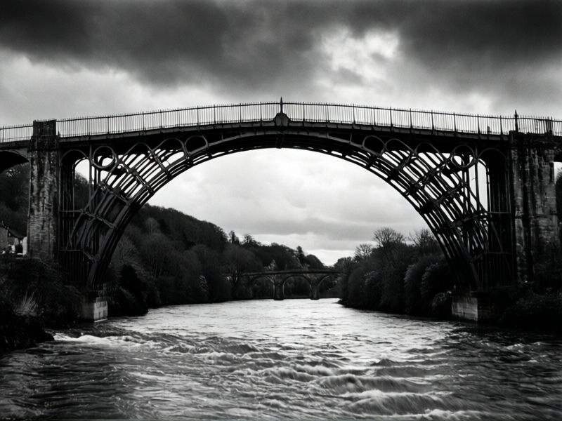 The Iron Bridge spanning the Severn Gorge in dramatic black and white, deep shadows and brilliant highlights against brooding clouds