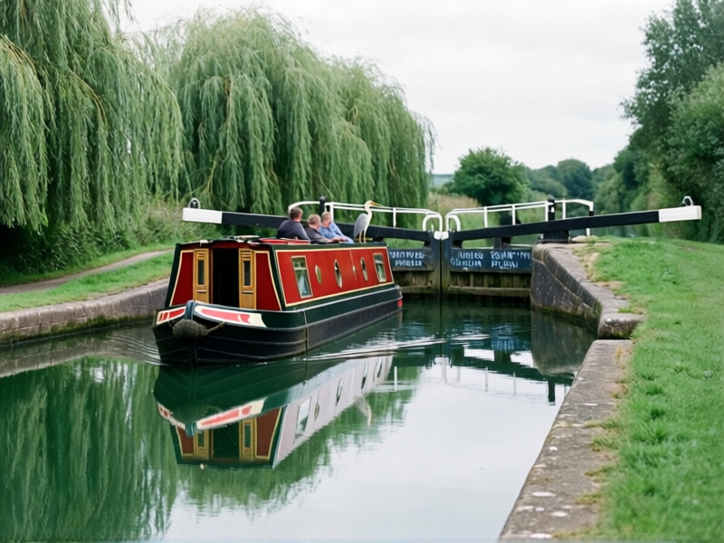 A red and gold narrowboat passing through a canal lock at Braunston, Grand Union Canal, weeping willows reflected in still green water