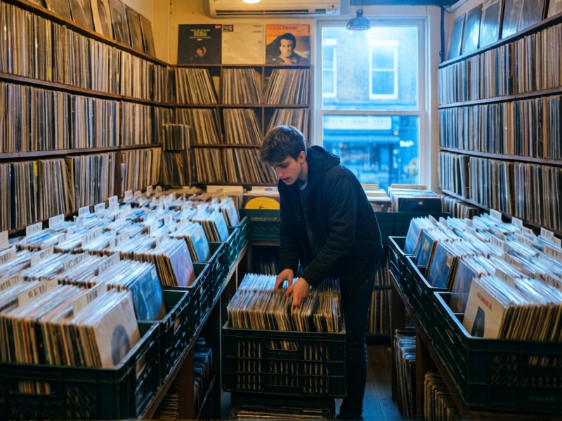 Inside a cramped vintage record shop on Portobello Road, floor-to-ceiling crates overflowing with vinyl, warm tungsten lighting mixing with cool blue window light
