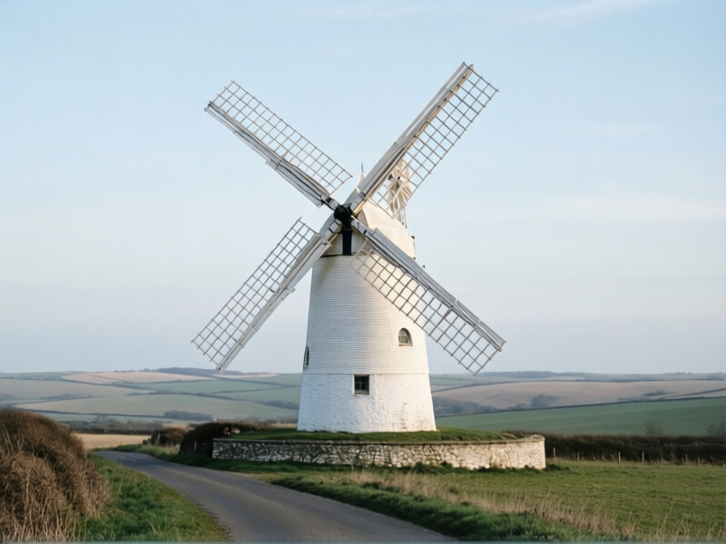 Hailsham Windmill in East Sussex, tall white smock mill standing alone in an open field, sails turning against a pale blue sky, chalk downland rolling in the background