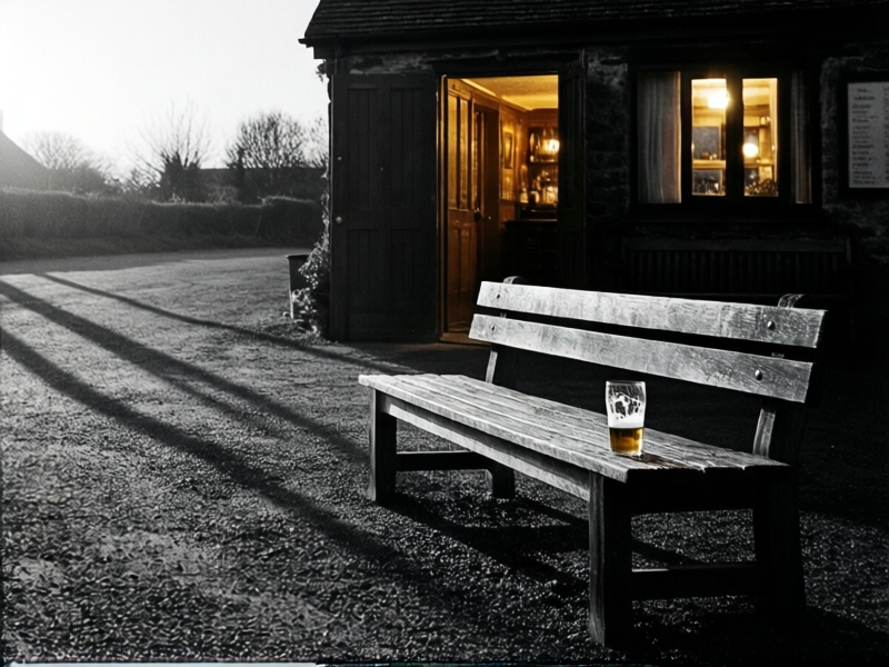 An empty wooden bench outside a village pub at golden hour, long shadows, warm light from the door, black and white high contrast