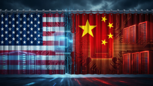 Dramatic iron curtain with circuit board patterns separating US and Chinese tech silhouettes