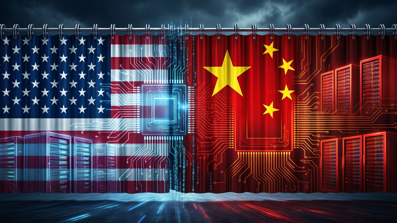 Dramatic iron curtain with circuit board patterns separating US and Chinese tech silhouettes